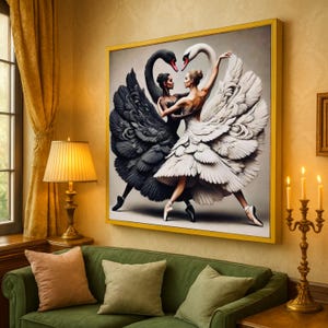 Black & White Swan Ballet Canvas, Elegant Dual Swans Wall Art, Contemporary Dance Decor, Graceful Ballet Home Canvas