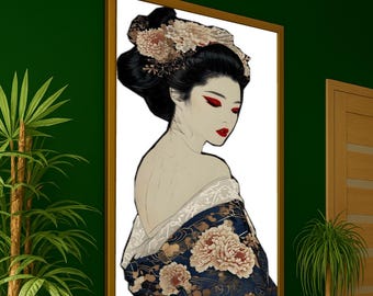 May include: Framed artwork featuring a geisha with black hair and red makeup. The geisha wears a blue kimono with floral patterns and a white collar. The artwork is in a gold frame and hangs on a dark green wall.
