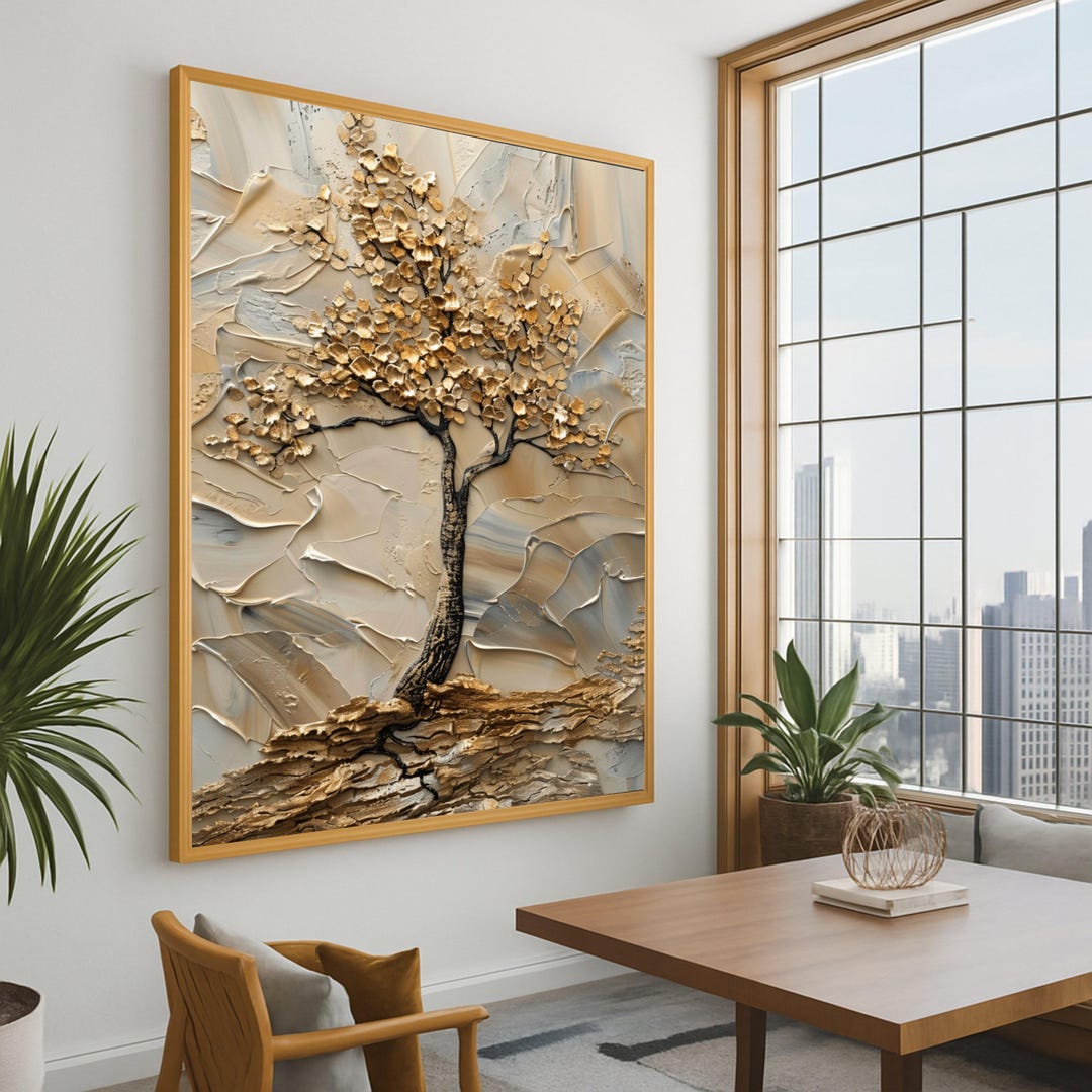 Elegant Gold Tree Wall Art Canvas – Modern Minimalist Home Decor, Ready ...