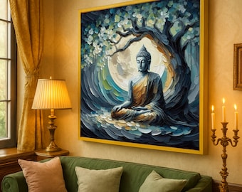 Meditative Buddha Under Tree Canvas, Spiritual Wall Art, Zen Home Decor, Peaceful Buddha Canvas, Contemporary Meditation Canvas Art