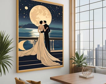 Lienzo de pareja romántica, decoración art déco para el hogar, elegante arte mural con escena nocturna, ilustración de amor vintage, lienzo de balcón iluminado por la luna, listo para colgar.