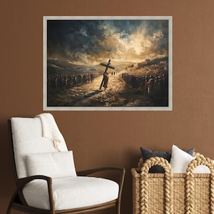 Jesus Carrying Cross Canvas, Biblical Wall Art, Religious Print Decor, Large Christian Canvas, Spiritual Home Decoration image 4