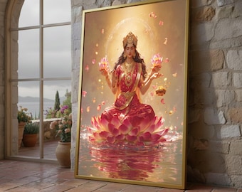 Hindu Goddess Lakshmi Canvas, Spiritual Wall Art, Lotus Flower Print, Meditation Decor, Framed Indian Art