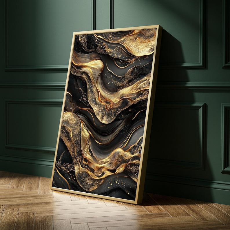 Luxurious Black and Gold Abstract Canvas Wall Art, Modern Metallic ...
