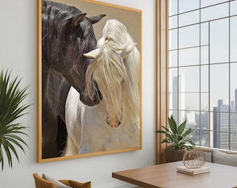 Impressão em tela de cavalos preto e branco, arte de parede de vida selvagem, tela de retrato de animais, decoração de amor animal, tela de fazenda rústica