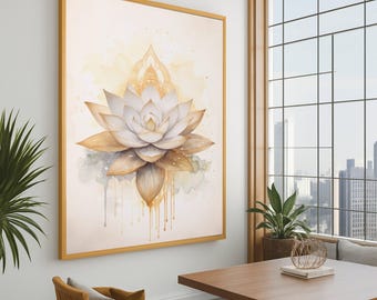 Tranquil Lotus Flower Canvas, Spiritual Wall Art, Zen Home Decor, Watercolor Mandala Canvas, Meditation Room Decoration, Calm Floral Art