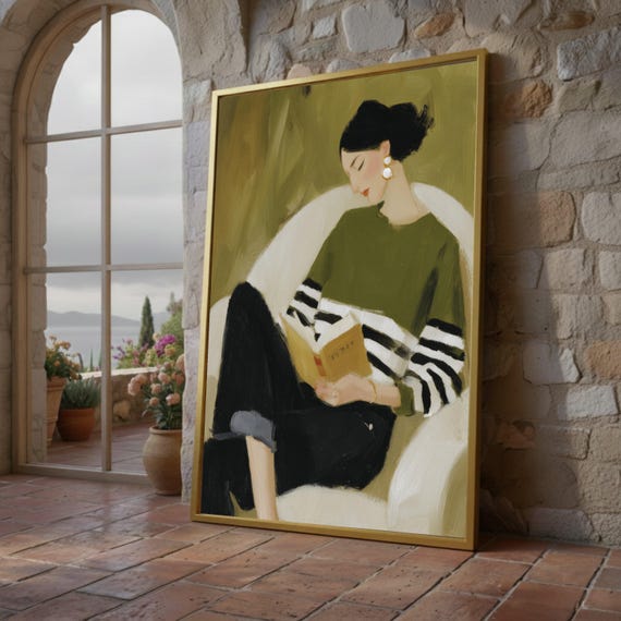 Cozy Reading Decor, Minimal Woman Canvas Print, Soft Home Decor, Relaxing Wall Art, Book Lover Print