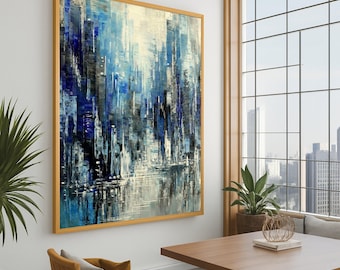 Modern Abstract Cityscape Canvas, Blue Urban Skyline Wall Art, Contemporary City View Decor, Ready to Hang Artwork