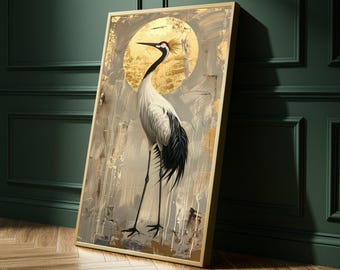 Elegante stampa su tela raffigurante una gru: elegante arte murale, decorazione murale in stile asiatico, decorazione murale raffigurante una gru, pronta da appendere.