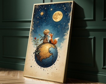 The Little Prince and Fox on Globe Canvas, Fantasy Wall Art, Moonlit Night Sky, Whimsical Children’s Illustration, Storybook Character
