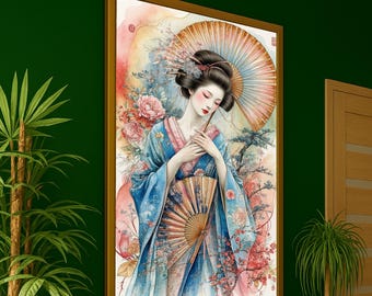 Elegant Japanese Geisha Canvas Print – Oriental Wall Decor, Watercolor Kimono Wall Art, Asian Design Ready to Hang