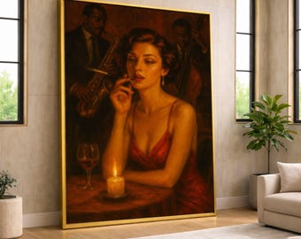 Puede incluir: Una pintura enmarcada representa a una mujer con un vestido rojo, fumando, con una vela y una copa de vino sobre una mesa. Una banda de jazz toca en el fondo. La obra de arte tiene una paleta de colores cálidos, sepia, y se exhibe en una sala de estar.