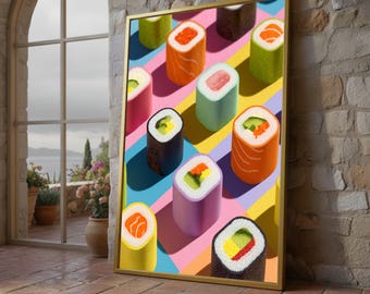 Stampa su tela di sushi colorato, decorazione da parete per cucina in stile pop art, arte culinaria giapponese moderna, vivace opera d'arte culinaria, pronta da appendere
