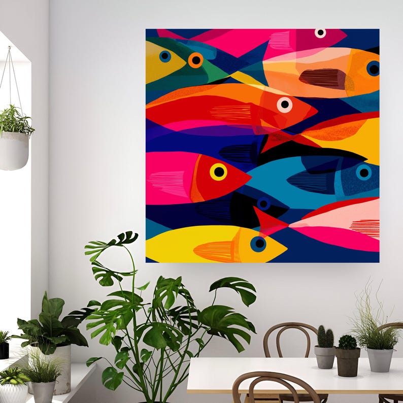Colorful School of Fish Canvas, Abstract Marine Wall Art, Ocean Life ...