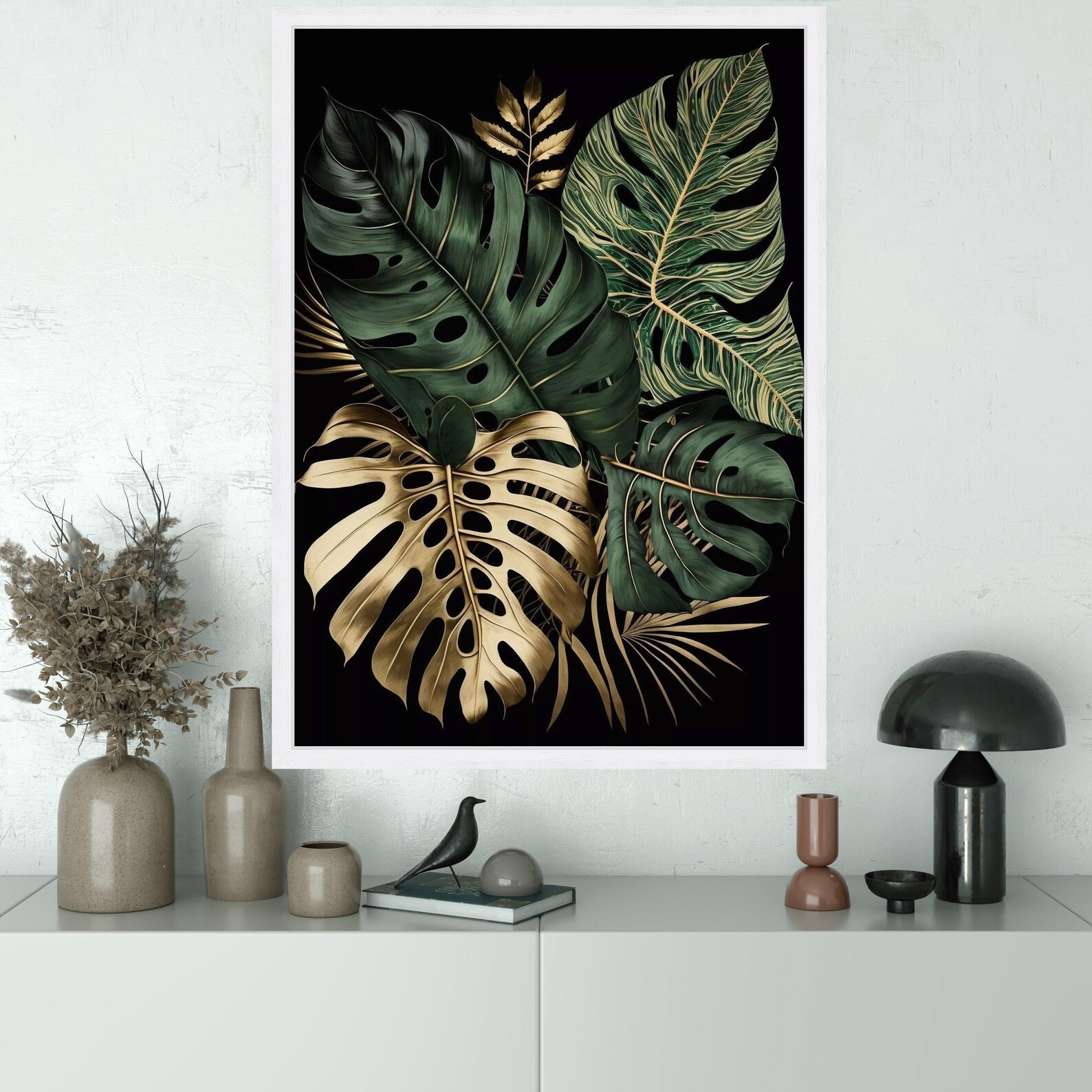 Tropical Monstera Leaves Canvas Wall Art Print, Gold Green Botanical ...