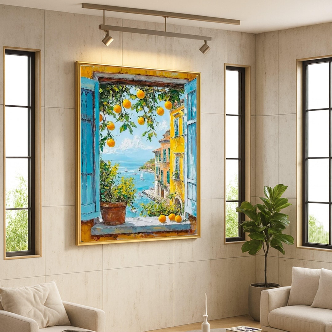 Mediterranean Coastal View Canvas, Open Window With Oranges Wall Art ...