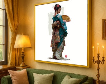 May include: A framed print of a woman in a traditional Japanese kimono, holding a fan. The artwork features a teal kimono with floral patterns, a gold frame, and a white background. The room has a green sofa and gold accents.