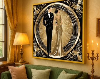 Elegante lienzo de pareja de los años 20, arte mural art déco, decoración vintage glamurosa, lienzo dorado y negro para el hogar, ilustración de moda retro.