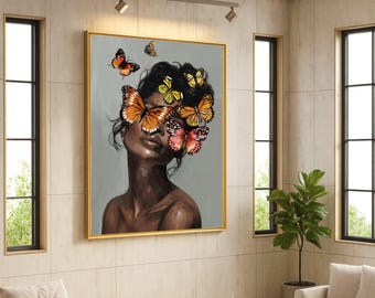 Butterfly Woman Canvas Print – Modern Wall Art for Bedroom – Feminine Wall Decor – Ready to Hang Butterfly Wall Decoration