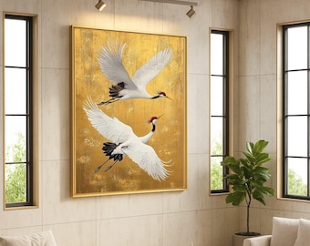 Golden Crane Canvas Print – Japanese Crane Wall Art, Elegant Bird Wall Decoration, Asian-Inspired Nature Canvas, Ready to Hang Decor