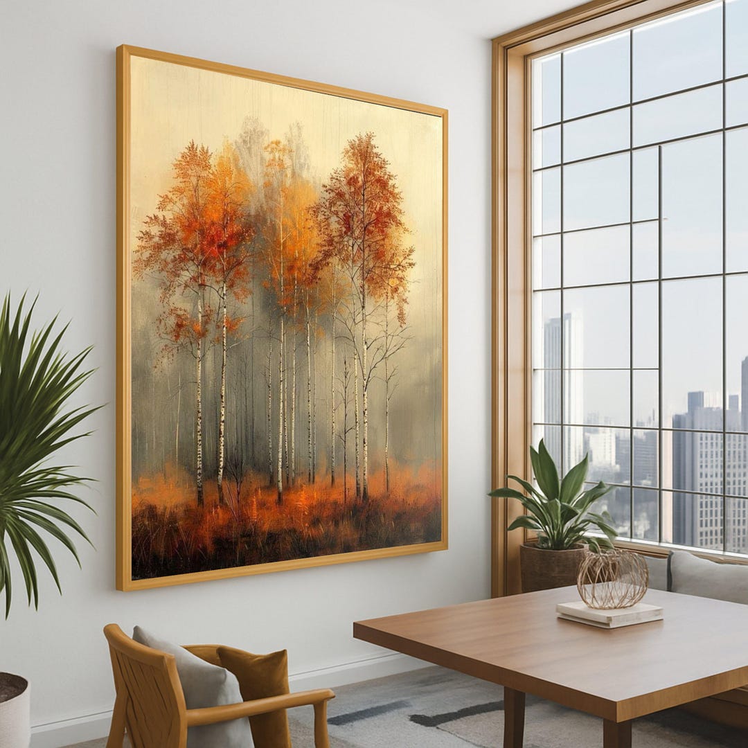 Autumn Birch Trees Canvas Wall Art, Fall Forest Landscape, Orange ...