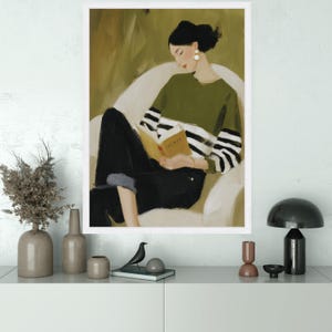 Cozy Reading Decor, Minimal Woman Canvas Print, Soft Home Decor, Relaxing Wall Art, Book Lover Print image 5