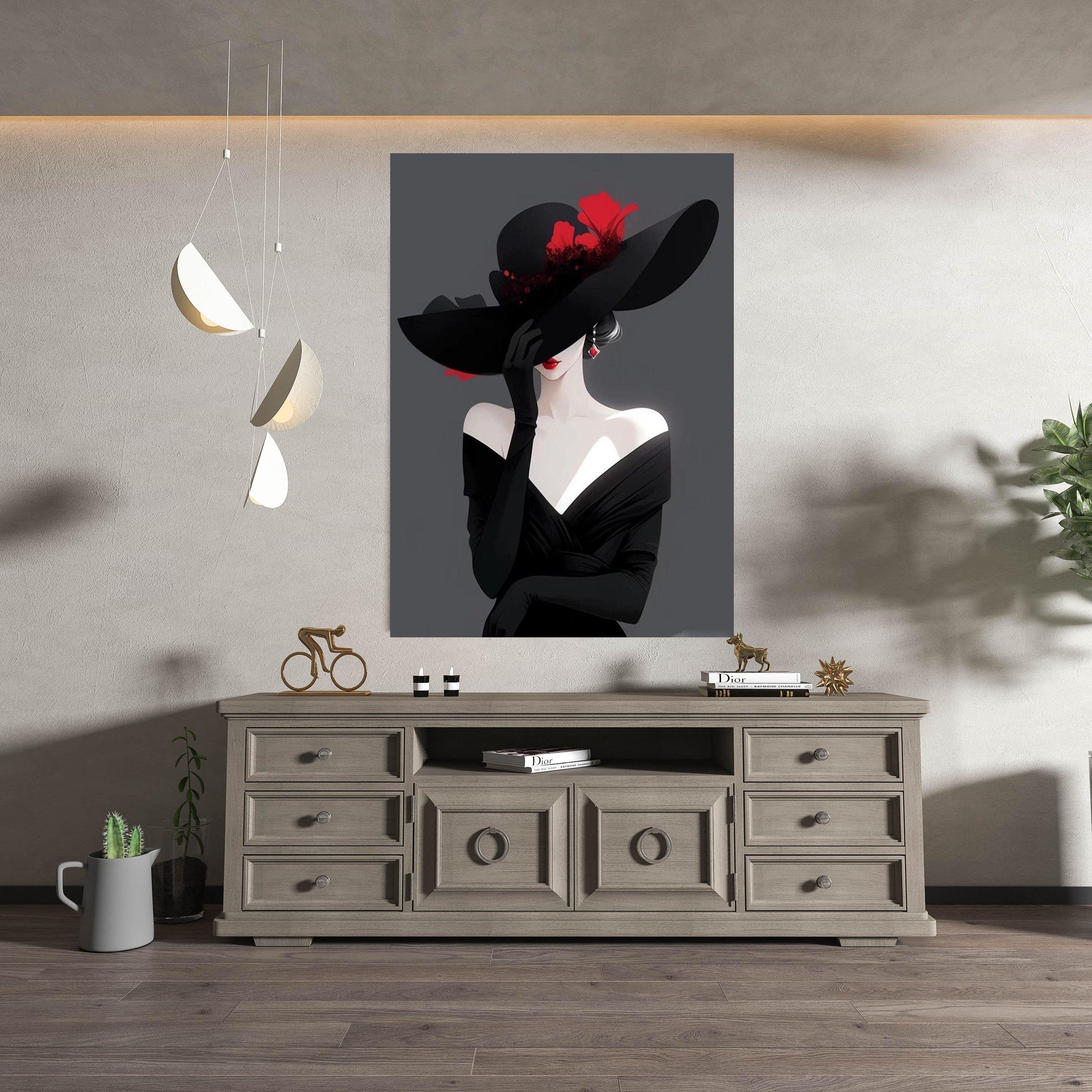 Elegant Woman in Black Hat Canvas, Red Floral Accent Wall Art, Fashion ...