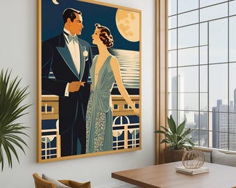 Pareja romántica vintage, lienzo art déco, elegante escena nocturna, ilustración de amor retro, lienzo de noche iluminada por la luna, glamour clásico