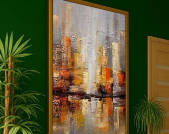 Abstract Cityscape Canvas, Urban Skyline Wall Art, Modern City Reflection, Contemporary Home Decor, Ready to Hang Canvas