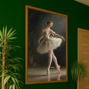 Peut inclure: Peinture encadrée d'une ballerine en tutu blanc et chaussons de danse. L'œuvre est de style classique, avec un éclairage doux et un fond sombre. La ballerine est dans une pose gracieuse, un bras tendu.