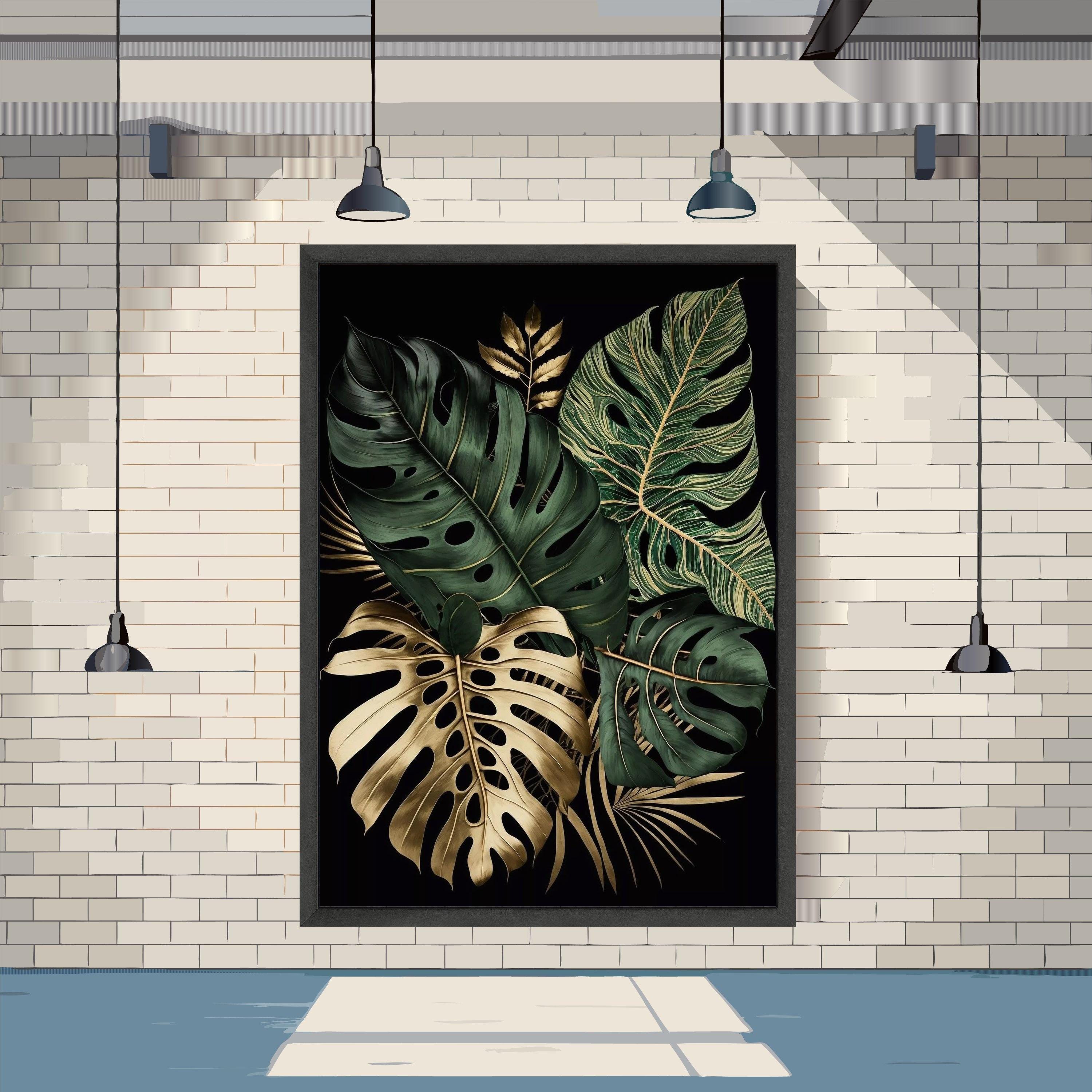 Tropical Monstera Leaves Canvas Wall Art Print, Gold Green Botanical ...