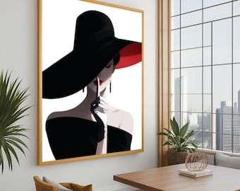 Elegant Woman with Black Hat Canvas, Fashion Illustration Wall Art, Modern Glamour Canvas, Chic Home Decor, Ready to Hang