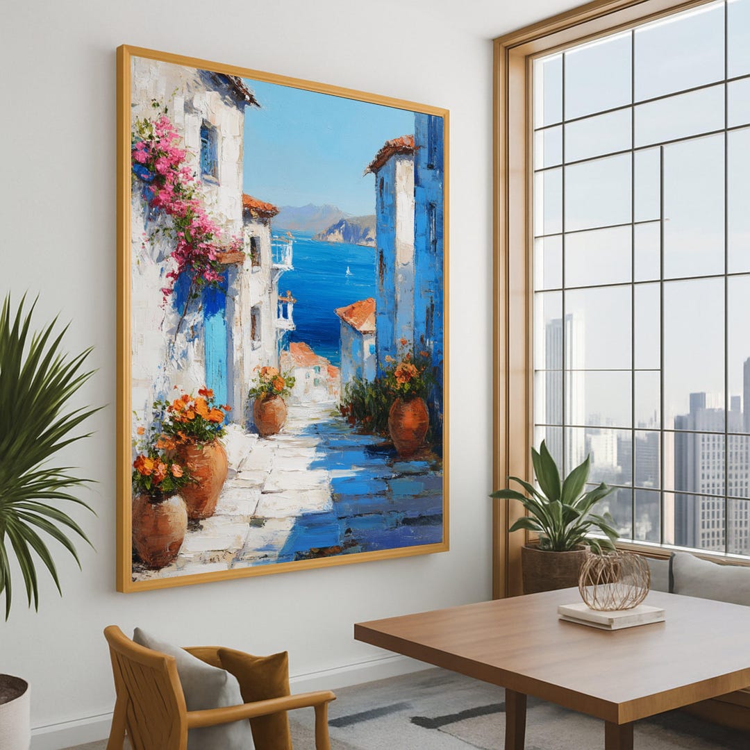 Mediterranean Coastal Village Pathway, Seaside Canvas Wall Art, Sunny ...