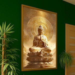 Golden Buddha Statue Canvas, Meditation Wall Art, Spiritual Zen Home Decor, Sacred Lotus Sculpture Canvas, Mindfulness Artwork image 1