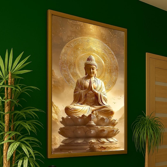Golden Buddha Statue Canvas, Meditation Wall Art, Spiritual Zen Home Decor, Sacred Lotus Sculpture Canvas, Mindfulness Artwork