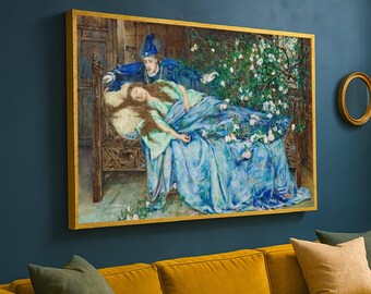 Romantic Sleeping Beauty and Prince Canvas Print, Renaissance Fairy Tale Wall Art, Vintage Storybook Illustration, Floral Bedroom Decor