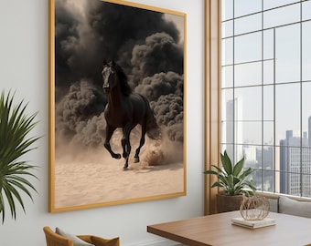 Dramatic Dust Storm Black Horse Canvas Print – Majestic Wild Horse Wall Decor – Cinematic Nature Wall Art – Ready to Hang Wall Decoration