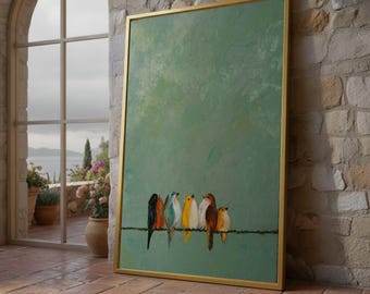 Colorful Birds on Wire Canvas Print – Minimalist Nature Wall Art – Whimsical Bird Wall Decor – Ready to Hang CozyArtwork