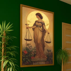 May include: A framed print of a classical painting depicting a woman holding scales, symbolizing justice. The artwork features a warm color palette with a golden background, a flowing gown, and floral elements. The frame is gold.