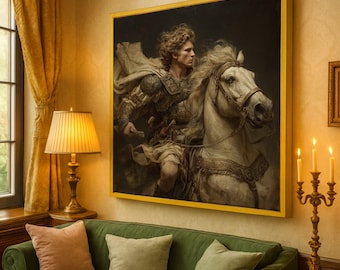 Op de afbeelding: Een ingelijst schilderij toont een man op een wit paard, gekleed in harnas en een cape. Het kunstwerk heeft een gouden lijst en wordt tentoongesteld boven een groene bank met kussens. Een brandende lamp en een kandelaar zijn ook zichtbaar.