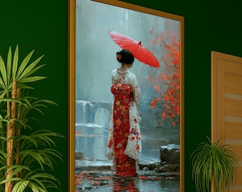 Elegant Geisha Canvas Print – Red Umbrella Japanese Kimono Wall Decor – Traditional Asian Wall Art, Cultural Canvas Print