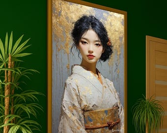 May include: A framed portrait of a woman in a traditional Japanese kimono. The artwork features a gold and gray background with a woman with dark hair and red lipstick. The kimono is white with gold accents and a brown obi.