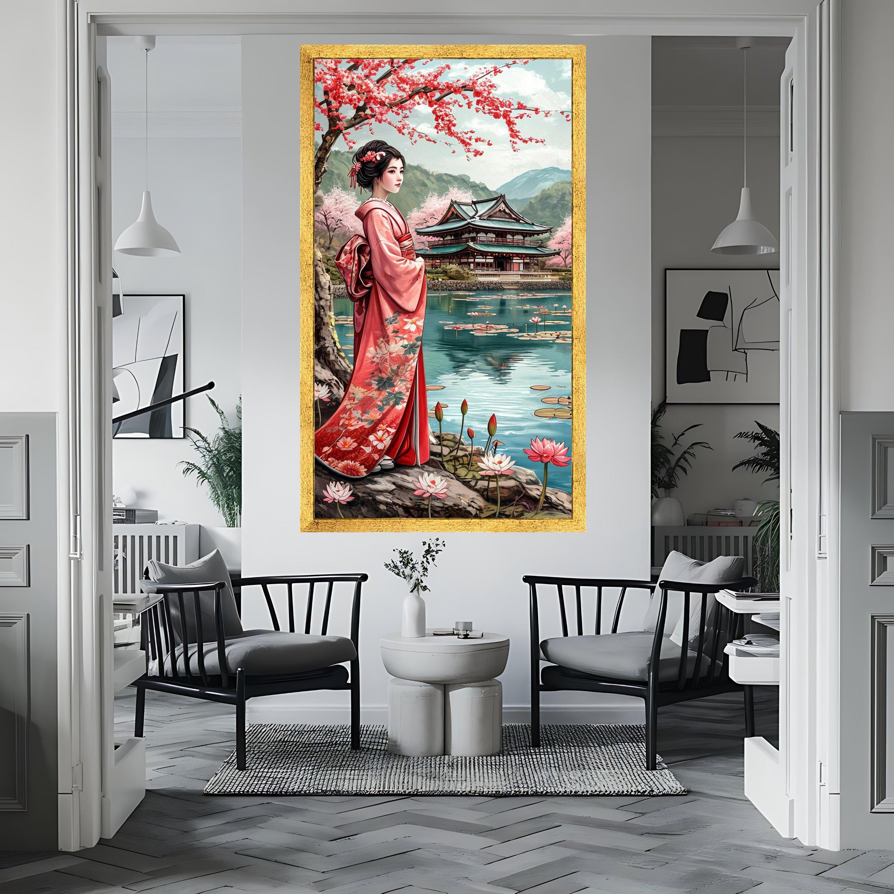 Elegant Geisha in Kimono Canvas Art, Japanese Garden Scene, Cherry ...