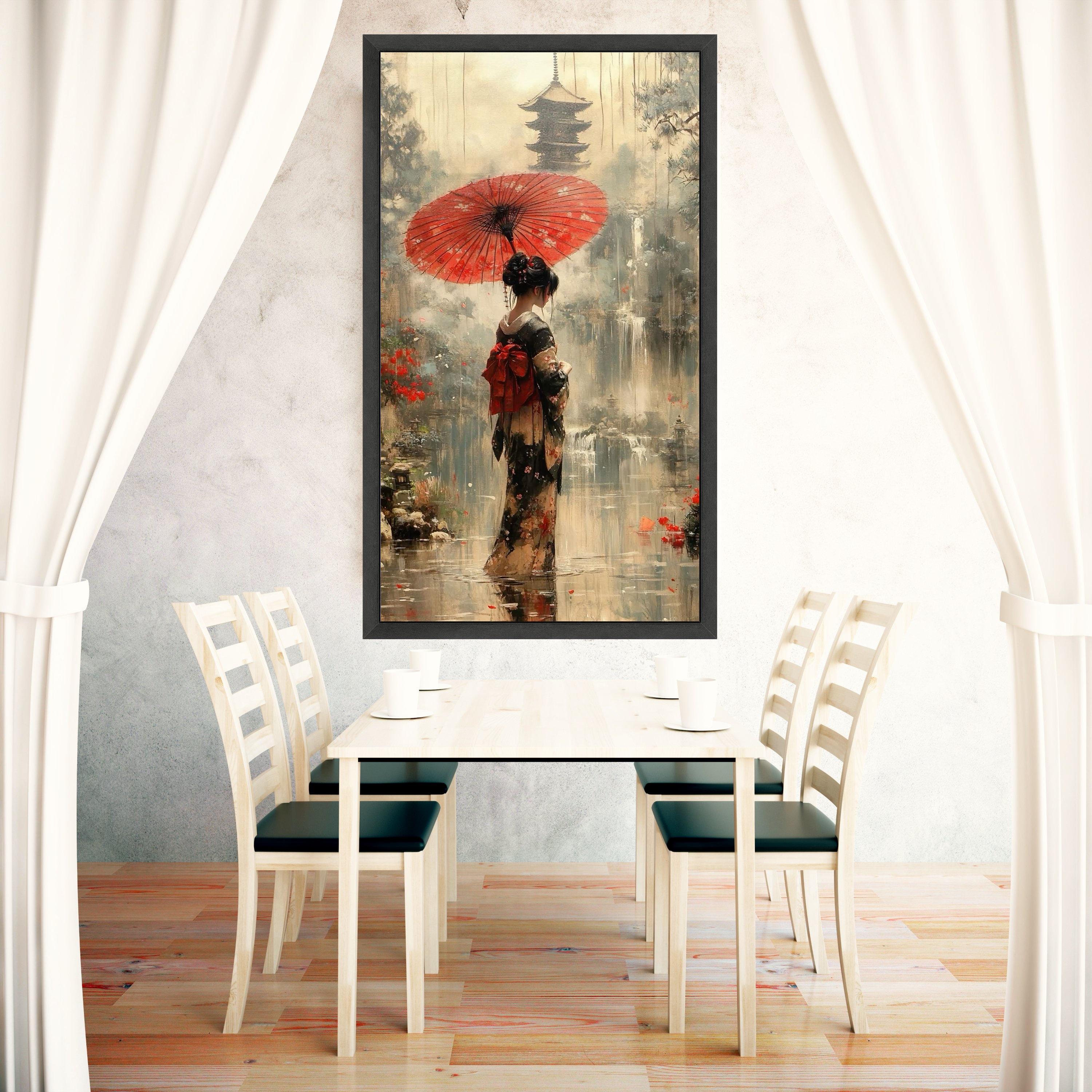 Elegant Japanese Woman With Red Umbrella Canvas, Traditional Kimono ...
