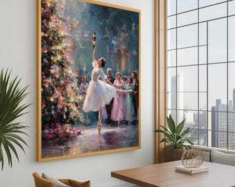 May include: A framed painting depicts a ballerina holding a nutcracker, set against a Christmas tree and a group of people. The artwork features a soft color palette of whites, pinks, and blues, with a golden frame. The scene evokes a festive, holiday atmosphere.