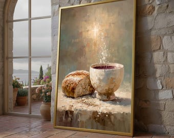 Rustic Bread and Wine Canvas, Spiritual Wall Art, Framed Home Decor, Religious Print Canvas