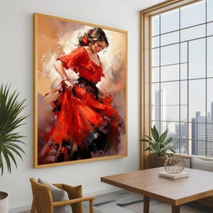 Elegant Flamenco Dancer Canvas Print – Red Dress Wall Art Ready to Hang – Spanish Dance Wall Decoration – Abstract Figurative Home Decor