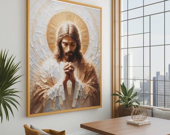 Praying Jesus Canvas Print – Christian Religious Wall Art, Faith Wall Decor, Bible Verse Home Decoration, Spiritual Canvas, Ready to Hang