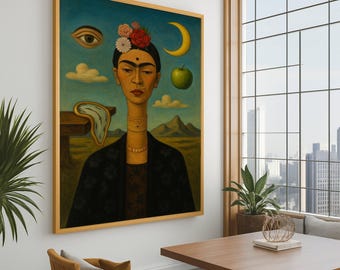 Surrealistisch portret van vrouw met bloemenkroon canvas, moderne abstracte muurkunst, dromerige landschapskunst, uniek interieur