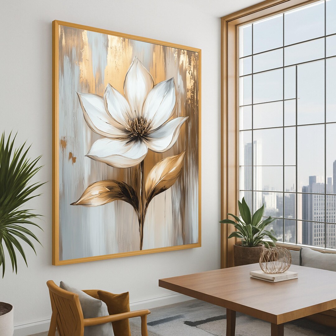White and Gold Flower Canvas Print – Elegant Floral Wall Decor – Modern ...
